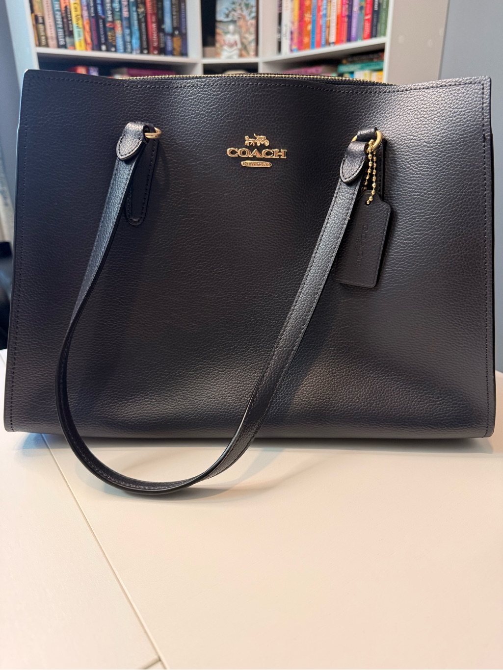 Coach Dark Navy Pebbled Leather Tote With Gold Logo